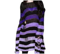 Womens Long Sweater Punk Gothic Style Stripe Patchwork Fashion Oversized Knitted Sweater Hollow Out Hole Broken Jumper Loose Tops Round Neck Casual Trendy Pullover