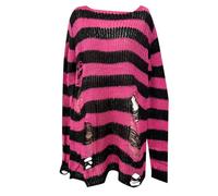 Womens Long Sweater Punk Gothic Style Stripe Patchwork Fashion Oversized Knitted Sweater Hollow Out Hole Broken Jumper Loose Tops Round Neck Casual Trendy Pullover