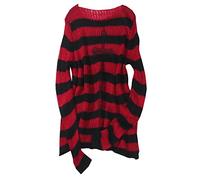 Womens Long Sweater Punk Gothic Style Stripe Patchwork Fashion Oversized Knitted Sweater Hollow Out Hole Broken Jumper Loose Tops Round Neck Casual Trendy Pullover