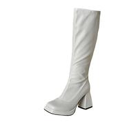 Women's Long Tall Boot Slouchy Knee High Boots Block Heel Go Pointed Toe Slouch Western Style Cowgirl Comfort Fit Retro 70's Fancy Dress White
