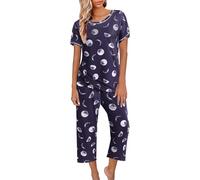 Women's Long Trousers Short Top, 2-Piece Set Women's Leisure Suit Sleepwear Lightweight Pyjamas Short Sleeve Pyjama Set Soft Leisure Suit Floral Print Silk Nightdress Loungewear, darkblue, L