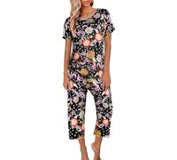 Women's Long Trousers Short Top, 2-Piece Set Women's Leisure Suit Sleepwear Lightweight Pyjamas Short Sleeve Pyjama Set Soft Leisure Suit Floral Print Silk Nightdress Loungewear, orange, L
