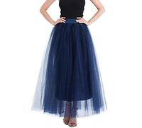 Women's Long Tulle Maxi Skirt - High Waist, Pleated, 4 Layers Tutu - Princess Wedding Party Evening Skirt (One Size, Navy)