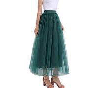 Women's Long Tulle Maxi Skirt - High Waist, Pleated, 4 Layers Tutu - Princess Wedding Party Evening Skirt (One Size, Dark Green)