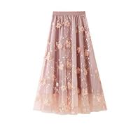 Women's Long Tulle Skirt, Casual High Waist 3D Flower Embroidery Solid Color Midi Swing Skirt (Pink, ONE Size)