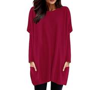 Women's Long Tunic Large Size - Women's Long Sleeve Round Neck Sports Top with Pockets Loose Solid Colour Top Casual Basic Pullover Chic and Elegant for Everyday Wear