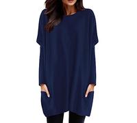 Women's Long Tunic Large Size - Women's Long Sleeve Round Neck Sports Top with Pockets Loose Solid Colour Top Casual Basic Pullover Chic and Elegant for Everyday Wear