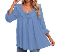 Women's Long Tunic with 3/4 Sleeves Puffed - Large Size Women's Deep V-Neck Top with Ruffles Loose Top Casual Chic and Elegant Basic Pullover for Everyday Wear