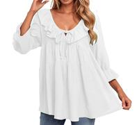 Women's Long Tunic with 3/4 Sleeves Puffed - Large Size Women's Deep V-Neck Top with Ruffles Loose Top Casual Chic and Elegant Basic Pullover for Everyday Wear