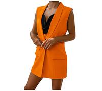 Women's Long Waistcoat Sleeveless Vest Blazer Jackets Notched Lapel Long Blazer Cardigan Plain Work Office Jacket Top Ladies Elegant Open Front Office Suit Jacket Stretchy Coat with Pockets Orange