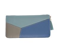 Women's long wallet with geometric color block design, ultra-thin and lightweight wallet, tassel, 7.48 × 3.93 inches, blue and grey blue multi card storage