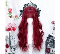 Women's Long Wavy Curly Wigs with Bangs Lolita Full Headband Red Gold Brown Highlights JK Wig Heat Resistant Synthetic Hair Halloween Cosplay Play (Red)