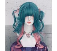 Women's Long Wavy Layered Wigs M-shaped Bangs Ombre Split Dye Realistic Goth Gothic lolita Style Wig (Green mixed pink)