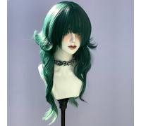Women's Long Wavy Layered Wigs M-shaped Bangs Ombre Split Dye Realistic Goth Gothic lolita Style Wig (dark green)