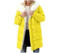 Women's Long Winter Puffer Jacket Hooded Sherpa Fleece Lined Padded Coats Detachable Hat Collar Faux Trim Hoodies Zip Button Windproof Quilted Outerwear Outdoor Athletic Camping Yellow L