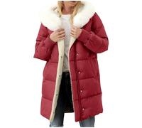 Women's Long Winter Puffer Jacket Hooded Sherpa Fleece Lined Padded Coats Detachable Hat Collar Faux Trim Hoodies Zip Button Windproof Quilted Outerwear Outdoor Athletic Camping Red L