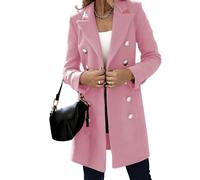 Women's Long Wool Pea Coats Fall Winter Elegant Wool Blend Trench Coat Lapel Collar Double Breasted Overcoat, Pink, XL