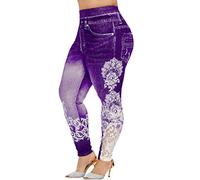 Women's Long Yoga Pants, Jeans, High Waist Skinny Faux Denim Capri Leggings with Lace, Floral Pattern, Bodybuilding Trousers, Elastic Stretch Jeans, Elegant Denim Trousers, Slim Fit Jeans, Sports