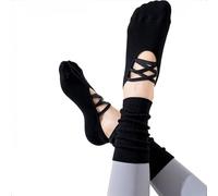 Women's Long Yoga Socks with Silicone Grip Cross Back Design for Pilates Barre Studio Workouts Soft Cotton Blend Ankle Socks in 6 Colours (Black)