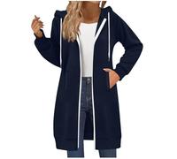 Womens Longline Zip Up Hoodies Oversized Double Zippered Hooded Jackets Solid Color Fleece Sweatshirts Loose Casual Long Sleeve Hoody Cardigan Winter Long Coat with Pockets