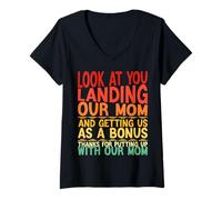 Womens Look At You Landing Our Mom Funny Father's Day Dad Presents V-Neck T-Shirt