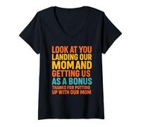 Womens Look At You Landing Our Mom Funny Father's Day Dad Retro V-Neck T-Shirt