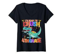 Womens Look Out I'm Ready to Crush 4th Grade Funny Dinosaurus Pupil V-Neck T-Shirt
