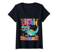 Womens Look Out I'm Ready to Crush 5th Grade Funny Dinosaurus Pupil V-Neck T-Shirt