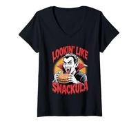 Womens Lookin’ Like A Snackula Funny Vampire Halloween Burger V-Neck T-Shirt