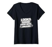 Women's Looks Good from Here Perspective Quote Bold Statement V-Neck T-Shirt