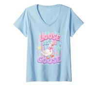 Women's Loose As A Goose Funny Goose Silly Bird Design Pastel Stripe V-Neck T-Shirt
