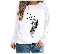 Women's Loose Blouse Feather Print Pullover Long Sleeve T Shirts Casual Solid Color Crew Neck Tunic Tops Comfortable Baggy Tee Tops Fall Sweatshirts Lightning Deals Today White