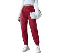 Women's Loose Cargo Joggers Pockets Solid Sport Trousers | Loose for relaxed for fit, solid color design, side pockets, ankle length, suitable for sports and daily wear(Red L)