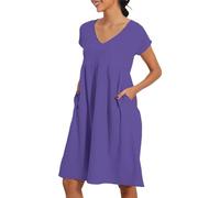 Women's Loose Casual Solid V-Neck Short Sleeve Pleated Dress Summer Linen Dresses 2026 Solid Color Lightweight Short Sleeve Beach Sundress with Pockets Loose Knee Length Dresses Purple