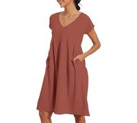 Women's Loose Casual Solid V-Neck Short Sleeve Pleated Dress Summer Linen Dresses 2026 Solid Color Lightweight Short Sleeve Beach Sundress with Pockets Loose Knee Length Dresses Khaki