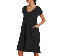 Women's Loose Casual Solid V-Neck Short Sleeve Pleated Dress Summer Linen Dresses 2026 Solid Color Lightweight Short Sleeve Beach Sundress with Pockets Loose Knee Length Dresses Black