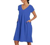 Women's Loose Casual Solid V-Neck Short Sleeve Pleated Dress Summer Linen Dresses 2026 Solid Color Lightweight Short Sleeve Beach Sundress with Pockets Loose Knee Length Dresses Blue
