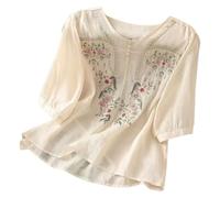 Women's Loose Fit Boho Peasant Linen Tops Tunic Bohemian Crew Neck Floral Graphic Embroidered Shirt Summer Hippie Ruffle Blouses for Older Women Sheer Lace Bohemian Style Trendy 2025 Beige