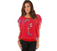 Women's Loose Fit Chiffon Butterfly Print Blouse Top with Pendant Necklace - Navy White Blue Red Pink Coral Green Lemon