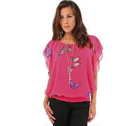Women's Loose Fit Chiffon Butterfly Print Blouse Top with Pendant Necklace - Navy White Blue Red Pink Coral Green Lemon
