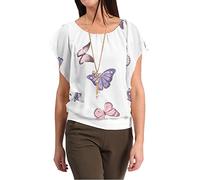 Women's Loose Fit Chiffon Butterfly Print Blouse Top with Pendant Necklace - Navy White Blue Red Pink Coral Green Lemon