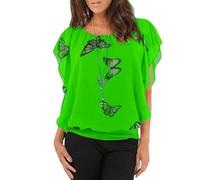 Women's Loose Fit Chiffon Butterfly Print Blouse Top with Pendant Necklace - Navy White Blue Red Pink Coral Green Lemon