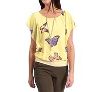 Women's Loose Fit Chiffon Butterfly Print Blouse Top with Pendant Necklace - Navy White Blue Red Pink Coral Green Lemon