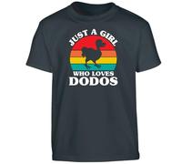 Womens Loose Fit Cute Dodo Bird Shirt - Just A Girl Statement Tee with Distressed Sunset Black - Youth Medium (Age 7-8)