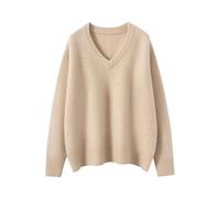 Women's Loose-Fit V-Neck Drawstring Sweater, Autumn Merino Wool, Warm Solid Color Pullover Beige
