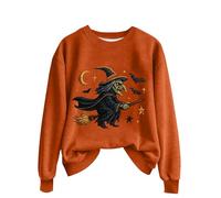 Women's Loose Fit Witch Print Sweatshirt - Halloween Themed Round Neck, Soft Cotton Blend, Comfortable Casual Jumper Lapel Half Zip Up Casual Pullover Tops Orange