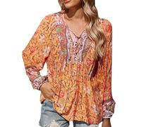 Womens Loose Fitting Boho Peasant Lace Shirt Blouses Bohemian Style Long Sleeve Floral Embroidered Tunic 2025 Indian Ruffle Front Tops for Seniors Flowy V Neck Casual Trendy Graphic Orange
