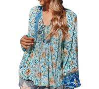 Womens Loose Fitting Boho Peasant Lace Shirt Blouses Bohemian Style Long Sleeve Floral Embroidered Tunic 2025 Indian Ruffle Front Tops for Seniors Flowy V Neck Casual Trendy Graphic Green