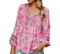Womens Loose Fitting Boho Peasant Lace Shirt Blouses Bohemian Style Long Sleeve Floral Embroidered Tunic 2025 Indian Ruffle Front Tops for Seniors Flowy V Neck Casual Trendy Graphic Pink