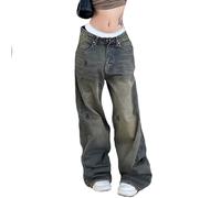Women's Loose Jeans Distressed High Waisted Cut Straight Casual Baggy Punk Street Print Retro Denim Pants Trousers E-Girls Y2K Streetwear (M, Blue)
